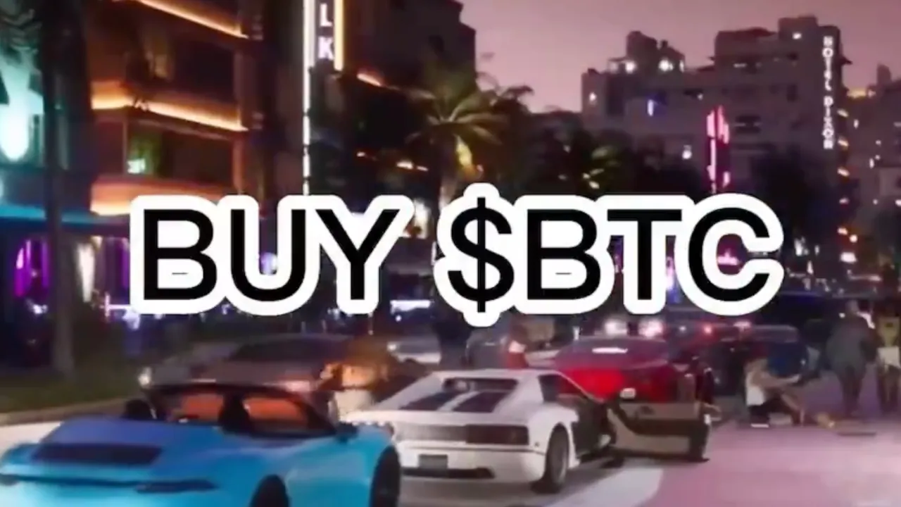 A screenshot from the leaked GTA 6 trailer with "BUY $BTC" superimposed on top. Image: Twitter