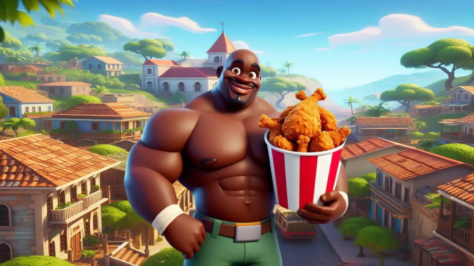 A racist photo of a black man holding a bucket of fried chicken uploaded to Fortnite.