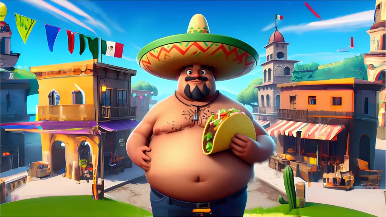 A racist photo of a Mexican man holding a taco and wearing a sombrero uploaded to Fortnite.