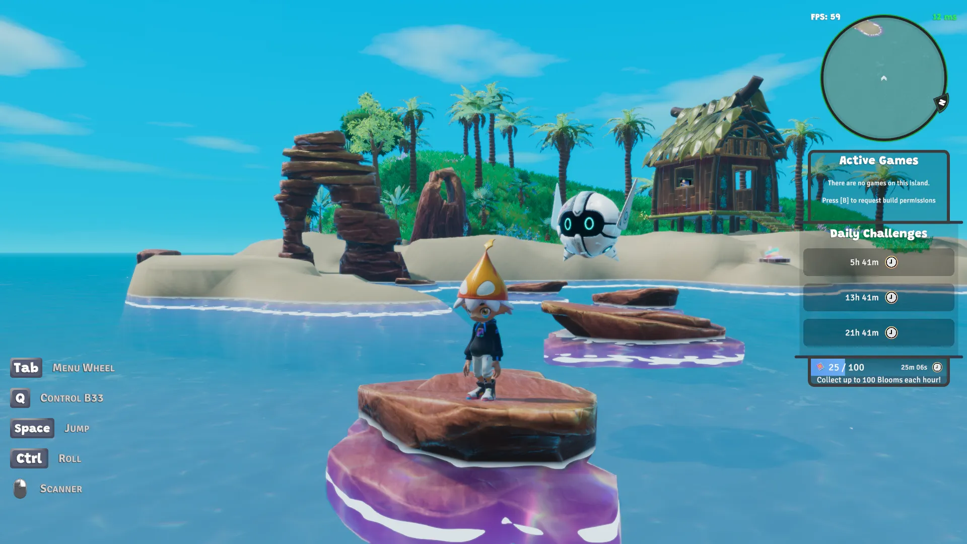 Nifty Island screenshot showing 3D-rendered island with arch rock formations and rock stepping stones in the water. A little character in a hat with a floating robot stands on one of the rocks.