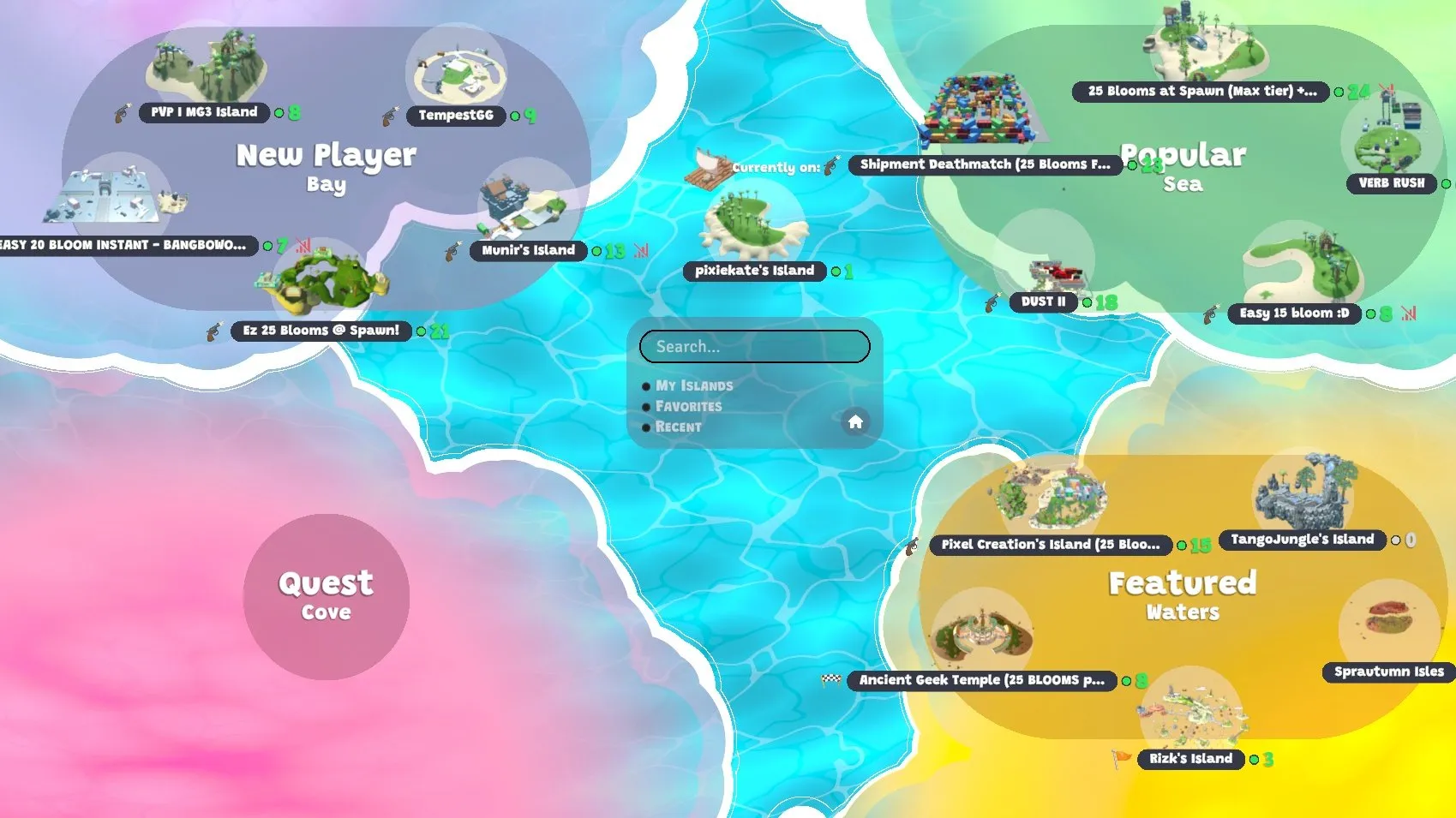 Game screenshot showing a map with popular islands, "featured" island, and islands geared toward new players.