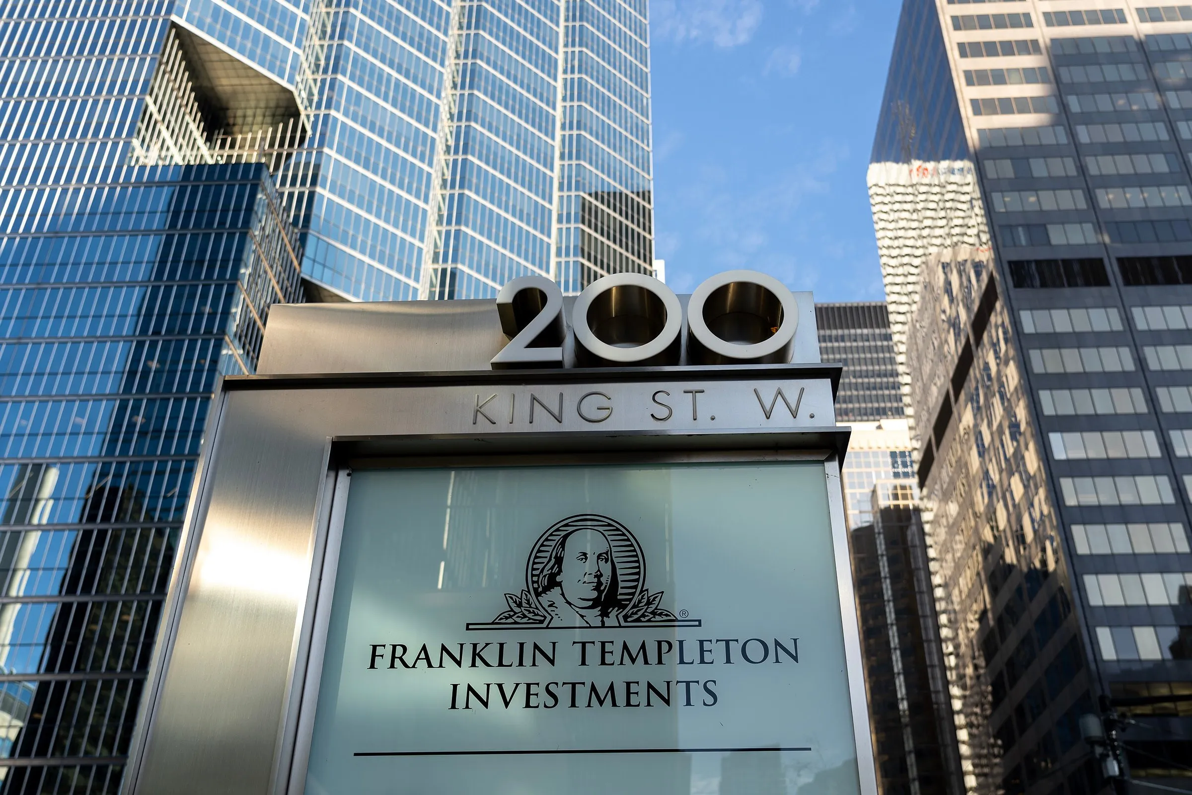 Sign for Franklin Templeton as seen in downtown Toronto, Canada. Franklin Templeton is a global investment firm headquartered in California.