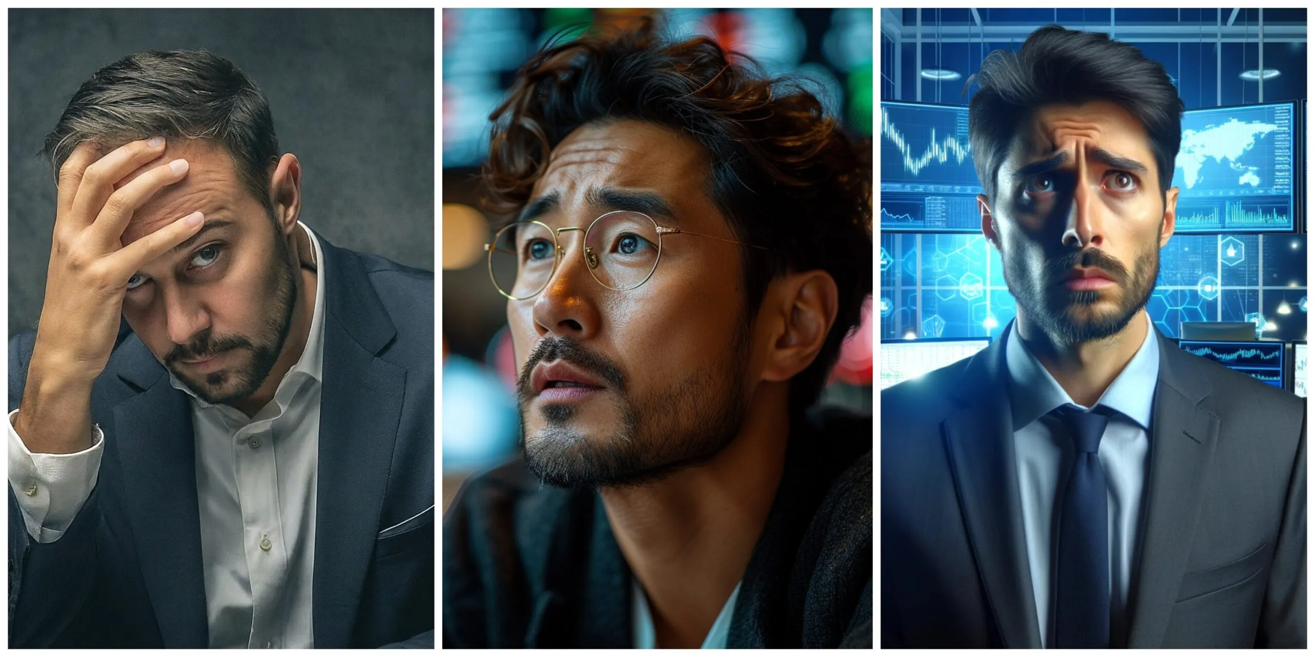 Comparison of generations for the prompt "Photo of a cryptocurrency trader with worried expression"