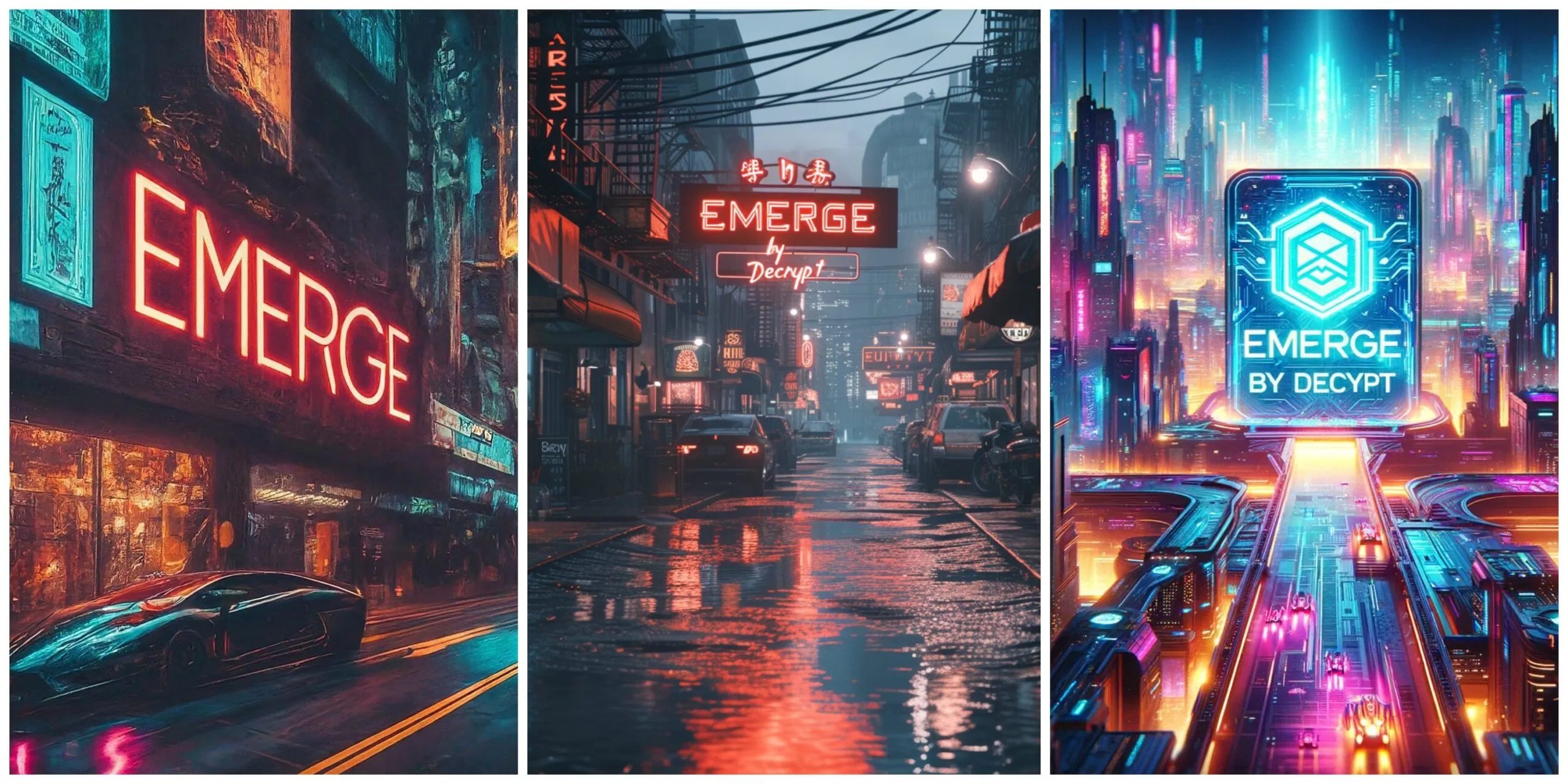 Comparison of generations for the prompt A futuristic city with a neon sign saying "EMERGE by Decrypt"