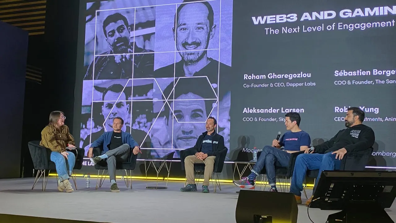 L-R: Emily Nicolle, Bloomberg, Aleksander Larsen, Sky Mavis, Sébastien Borget, The Sandbox, Robby Yung, Animoca Brands, Roham Gharegozlou, Dapper Labs. Image: Decrypt