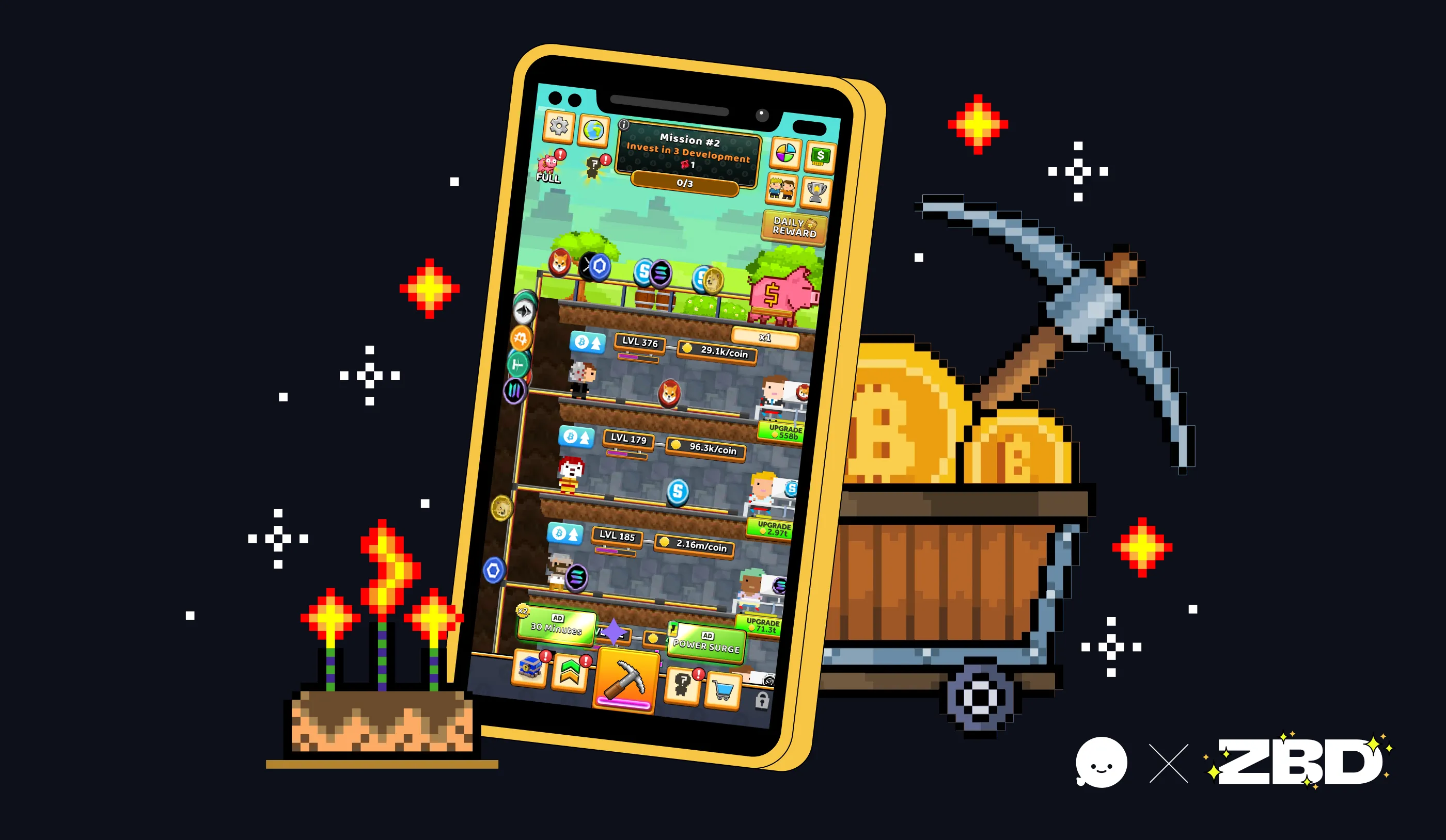 Bitcoin Miner is marking two years of BTC rewards—and over 2 million players. Image: ZBD