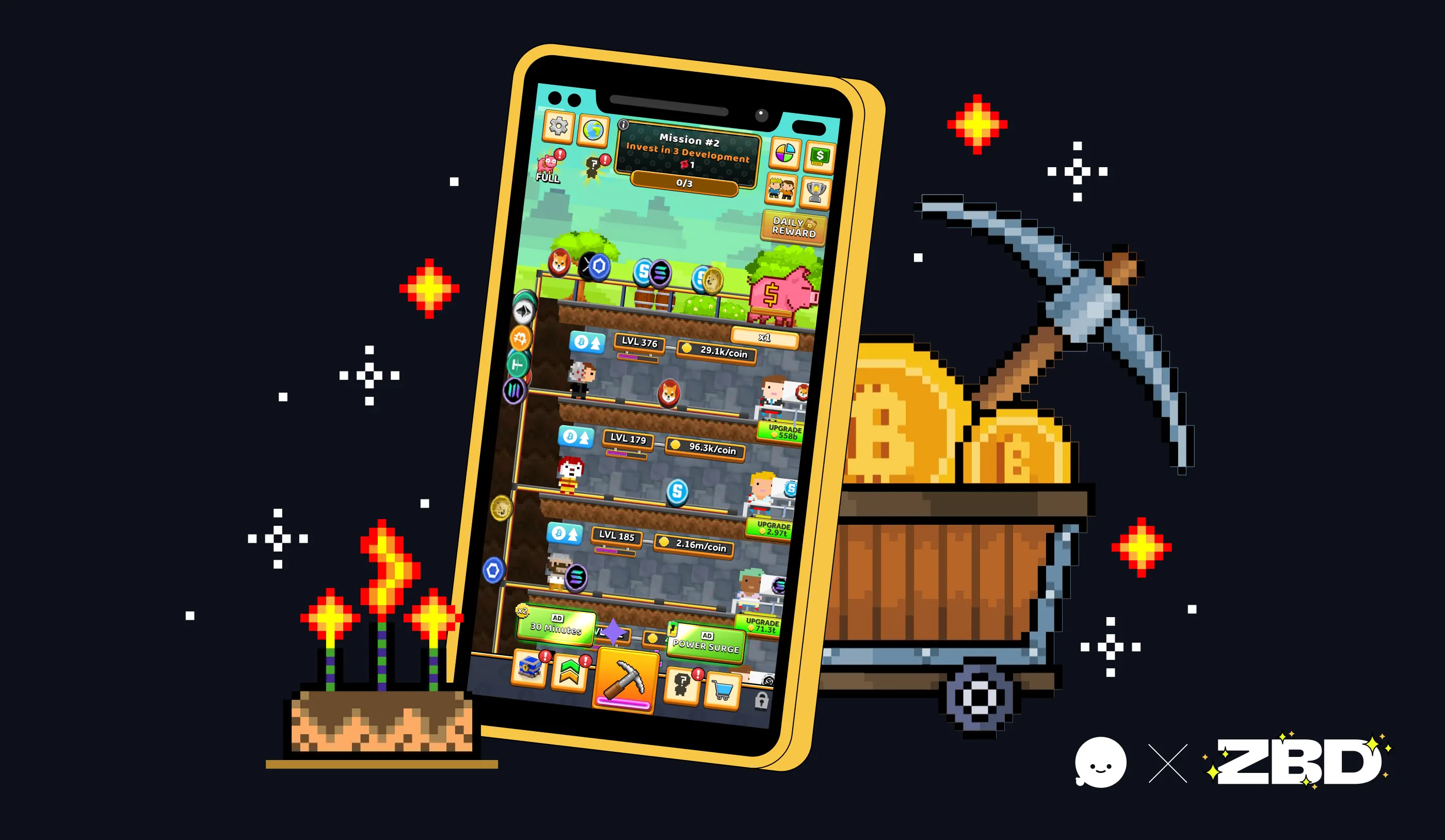 Bitcoin Miner is marking two years of BTC rewards—and over 2 million players. Image: ZBD