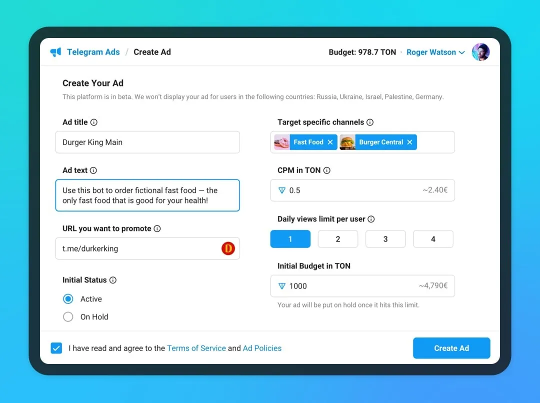 Telegram advertising platform