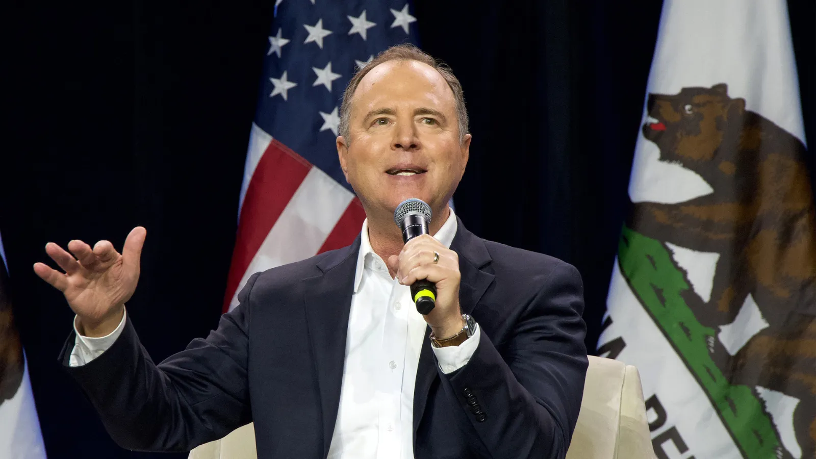 Adam Schiff speaking at a California state Democratic convention in November 2023. Image: Sheila Fitzgerald/Shutterstock