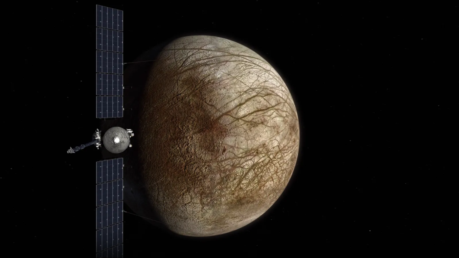 An animation of the Europa Clipper approaching Jupiter's Europa Moon. Image: NASA/JPL