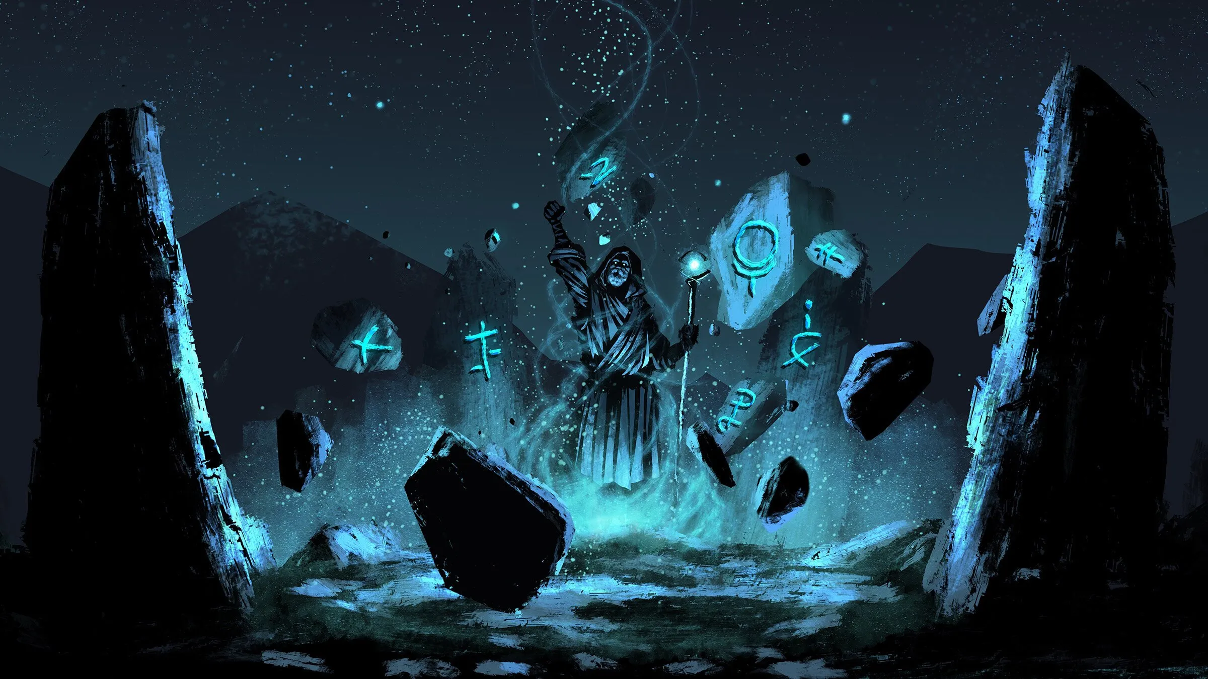 A wizard lifting runestones. Illustration by Iobard/Shutterstock.