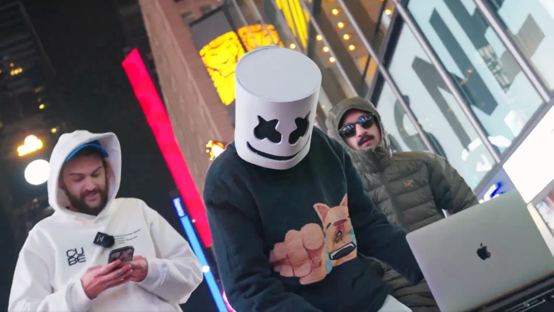 SolJakey, "Marshmello," and Frank DeGods in Times Square last week. Image: SolJakey