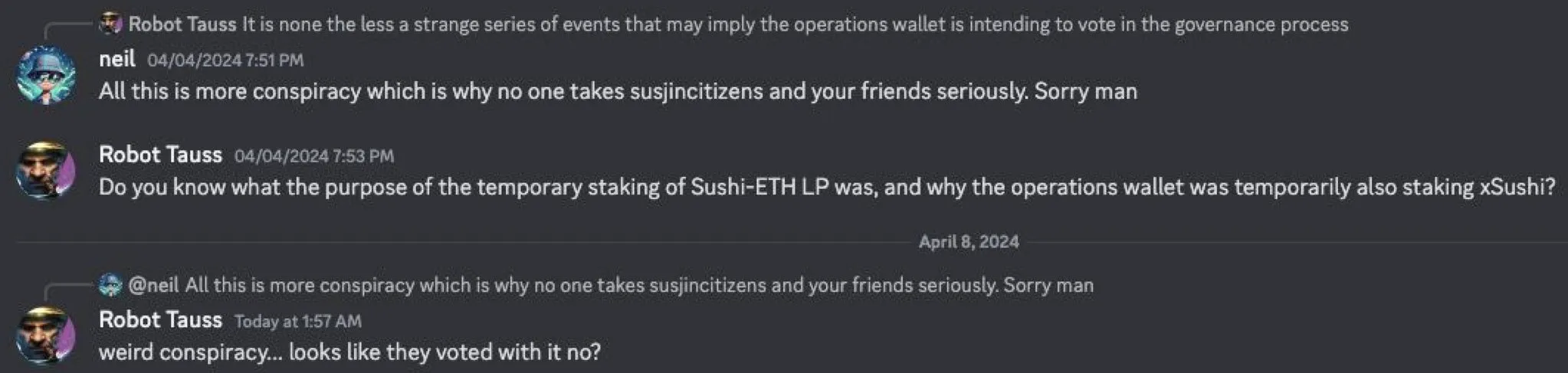 Discord messages between SushiSwap community member Robot Tauss and Head Chef Neil Bhasin. 