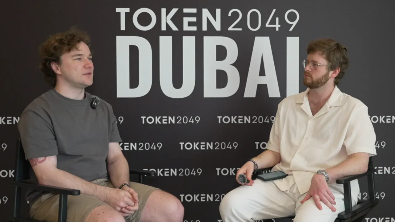 Notcoin co-creator Sasha Plotvinov (left) speaks with Decrypt's Sander Lutz at Token 2049 Dubai