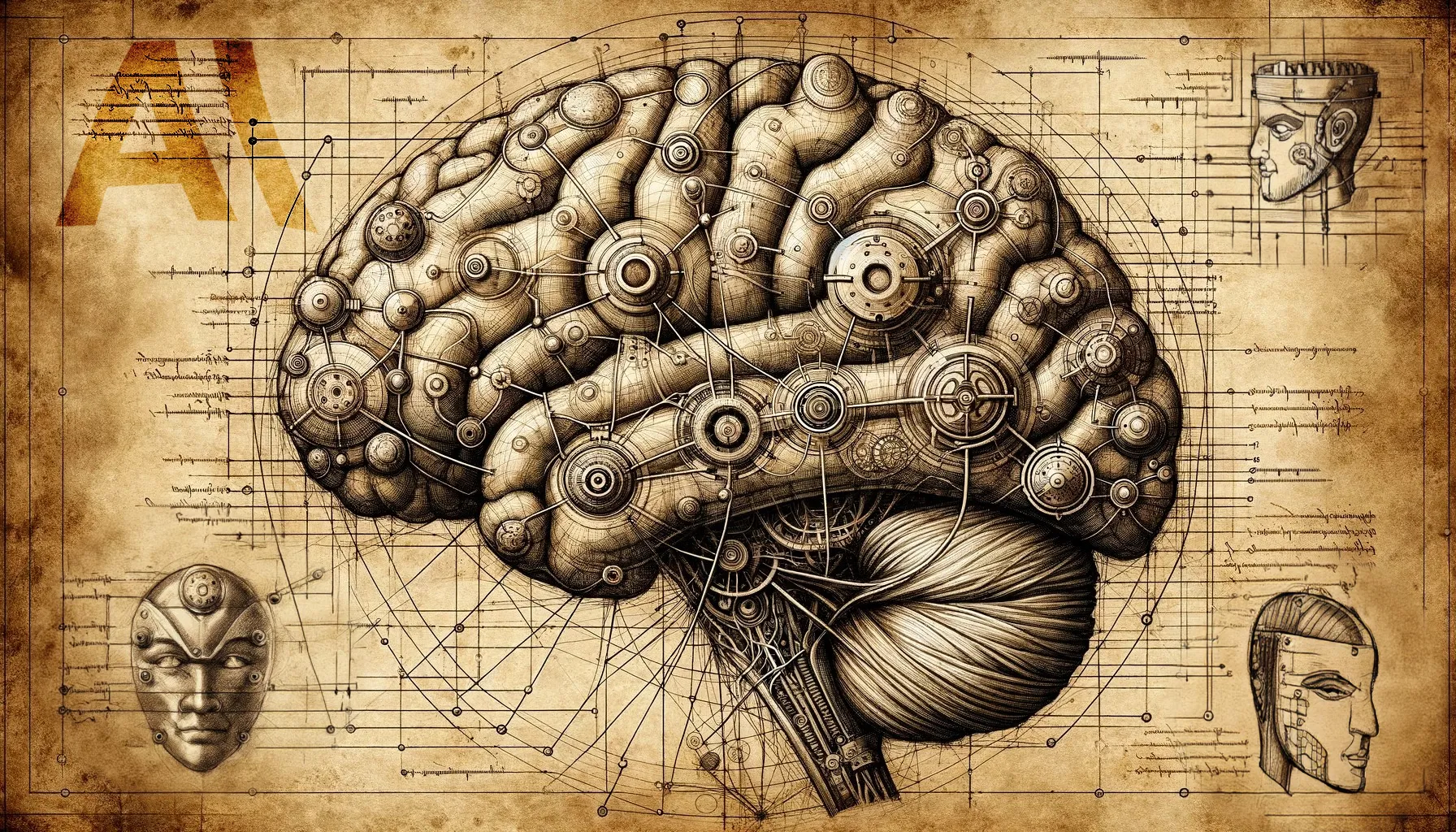 Fantasy blueprint of an AI brain. Image created by Dercypt using AI