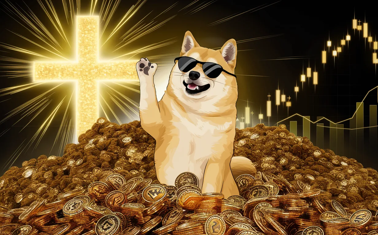 Dogecoin and the golden cross. Image: Created by Decrypt using AI