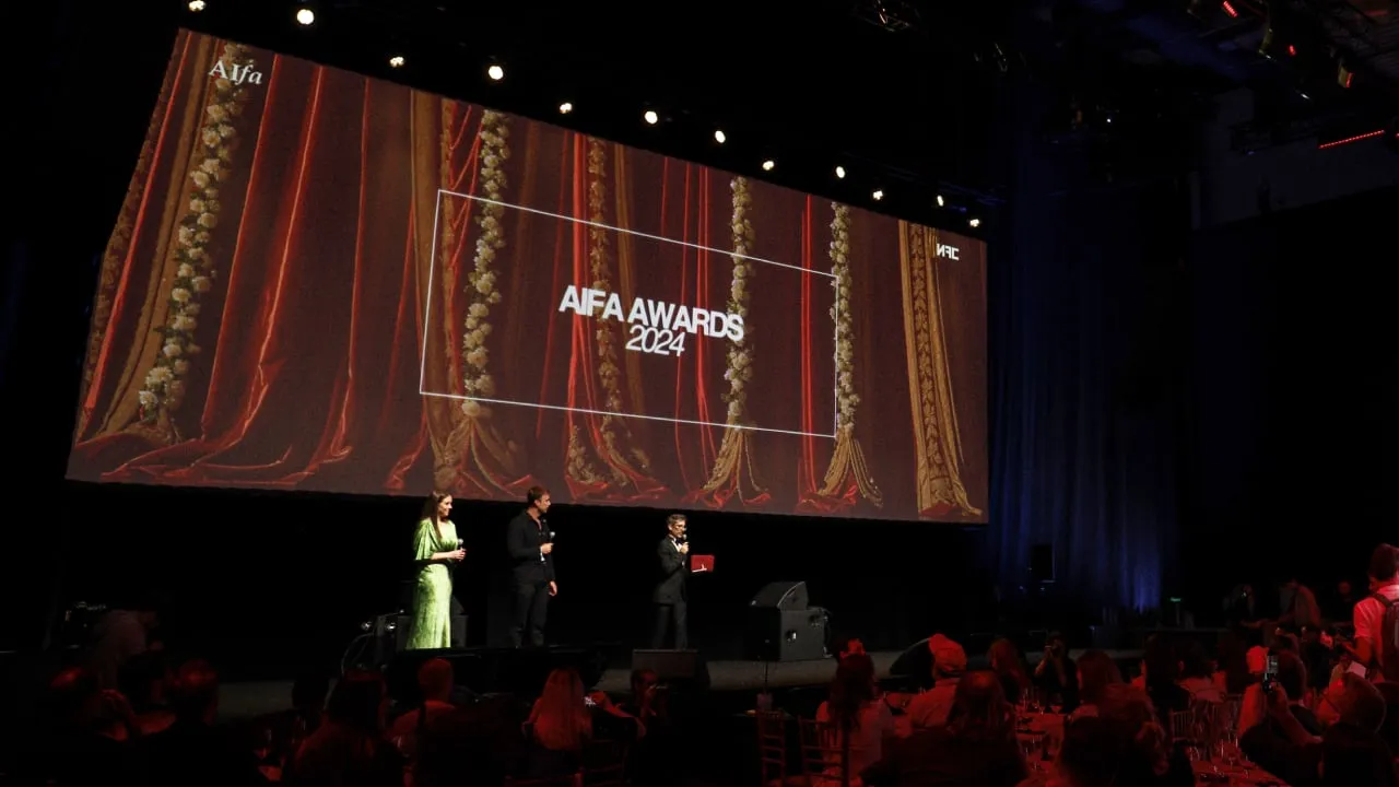 AIFA Awards hosts Clare Maguire and Leo Crane with Dyland Balquiee from Muse Frames. Image: AI Film Academy/Paige Powell