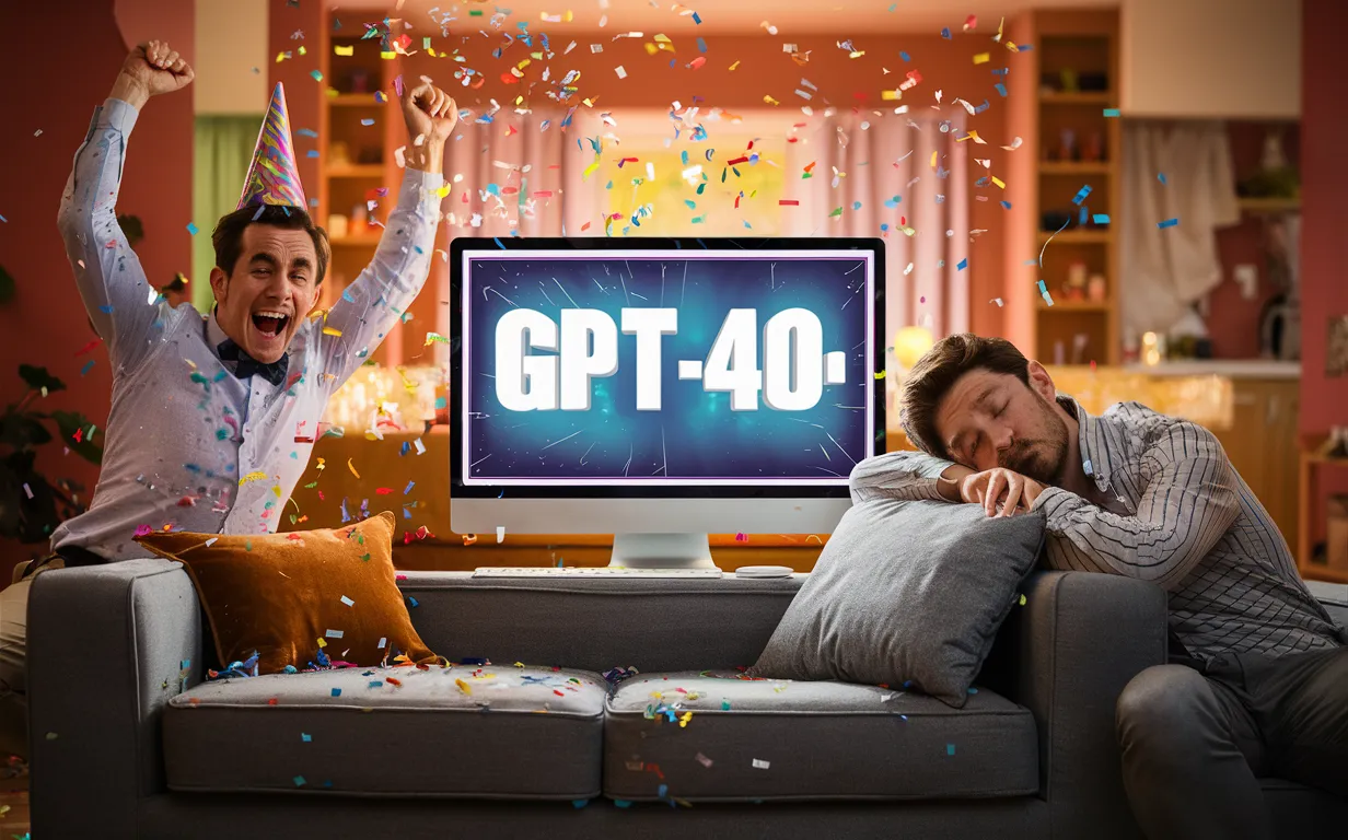 Two guys reacting differently to the GPT-4o announcement. Image created by Decrypt using AI