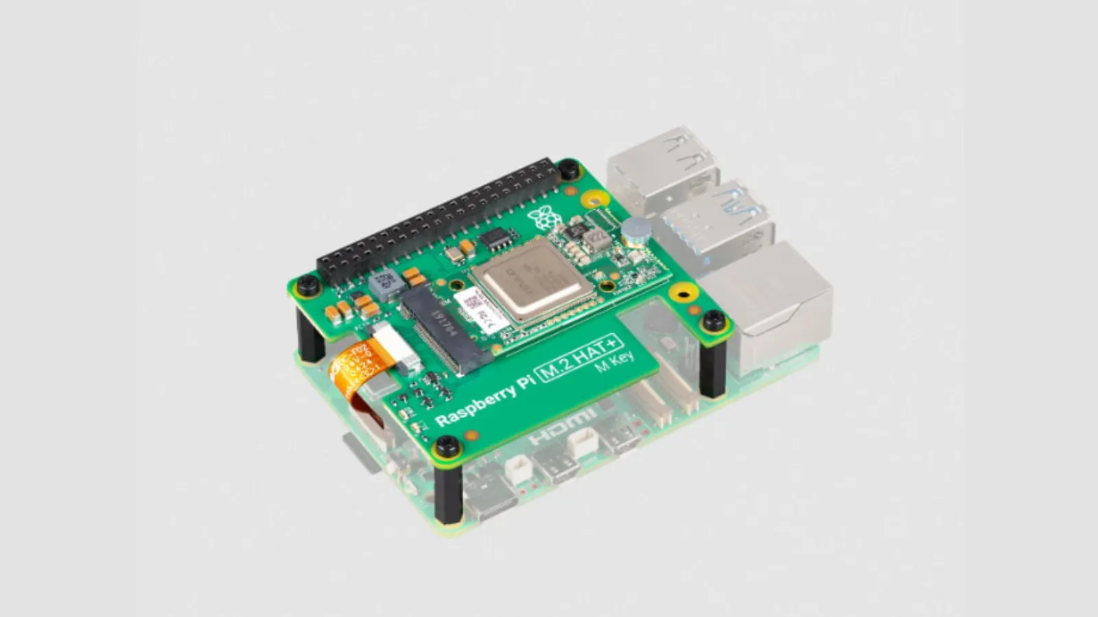 Raspberry Pi 5 wearing the Raspberry Pi AI Kit