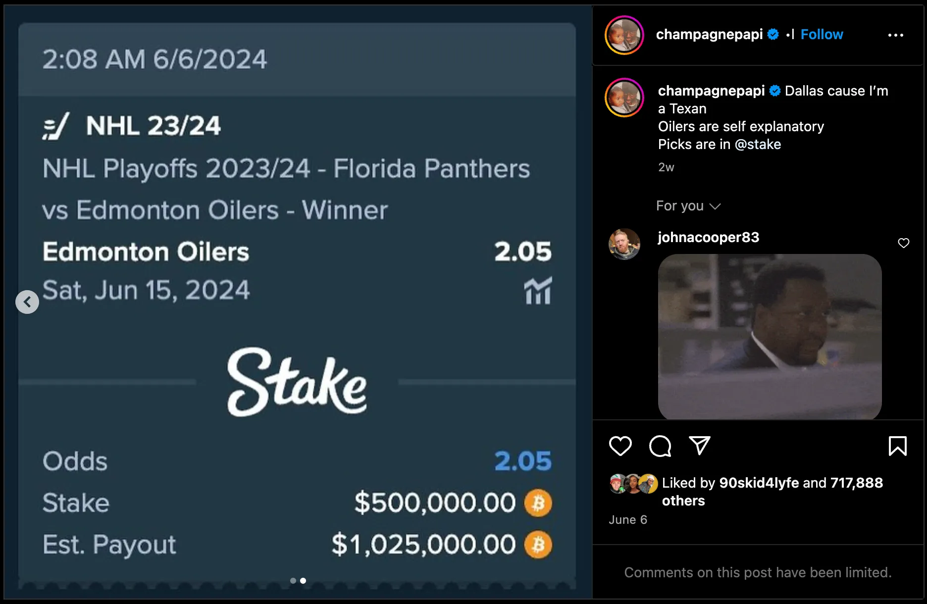 drake shares stake bet on nhl stanley cup on instagram