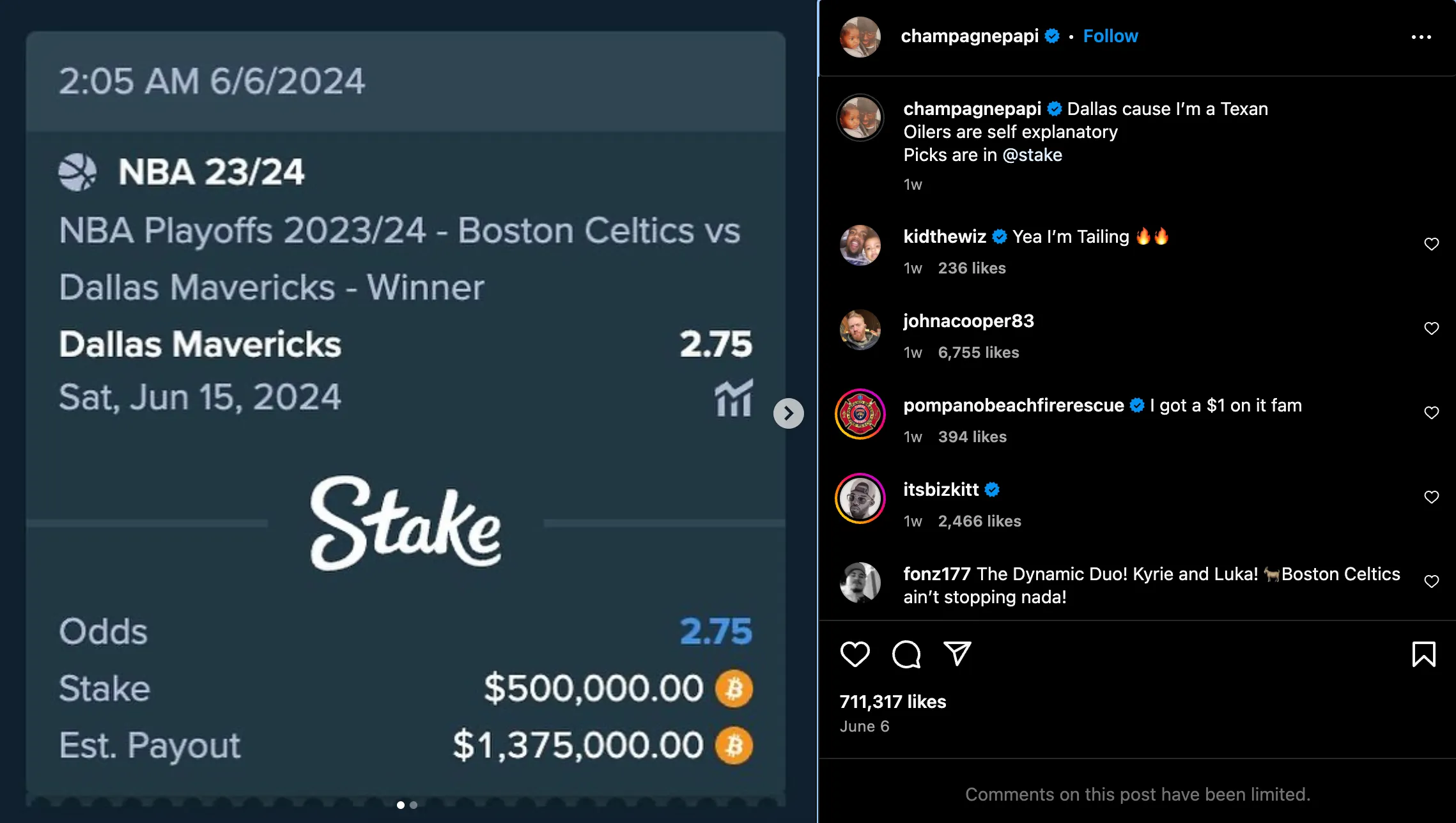 德雷克刚刚用比特币押注 NBA 总决赛损失了 50 万美元