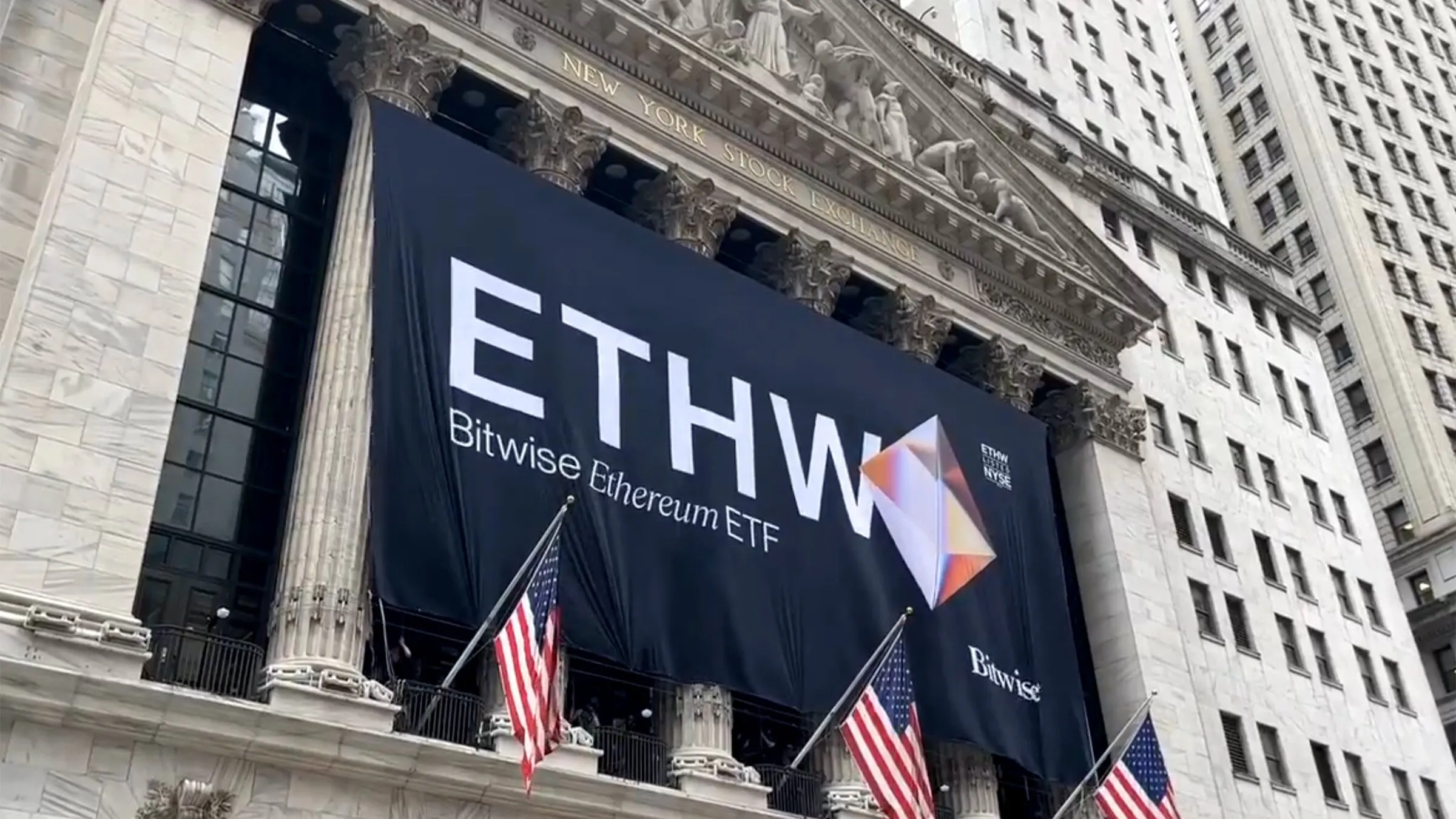A banner for the Bitwise Ethereum ETF at the New York Stock Exchange in July 2024. Image: Teddy Fusaro/Bitwise on X