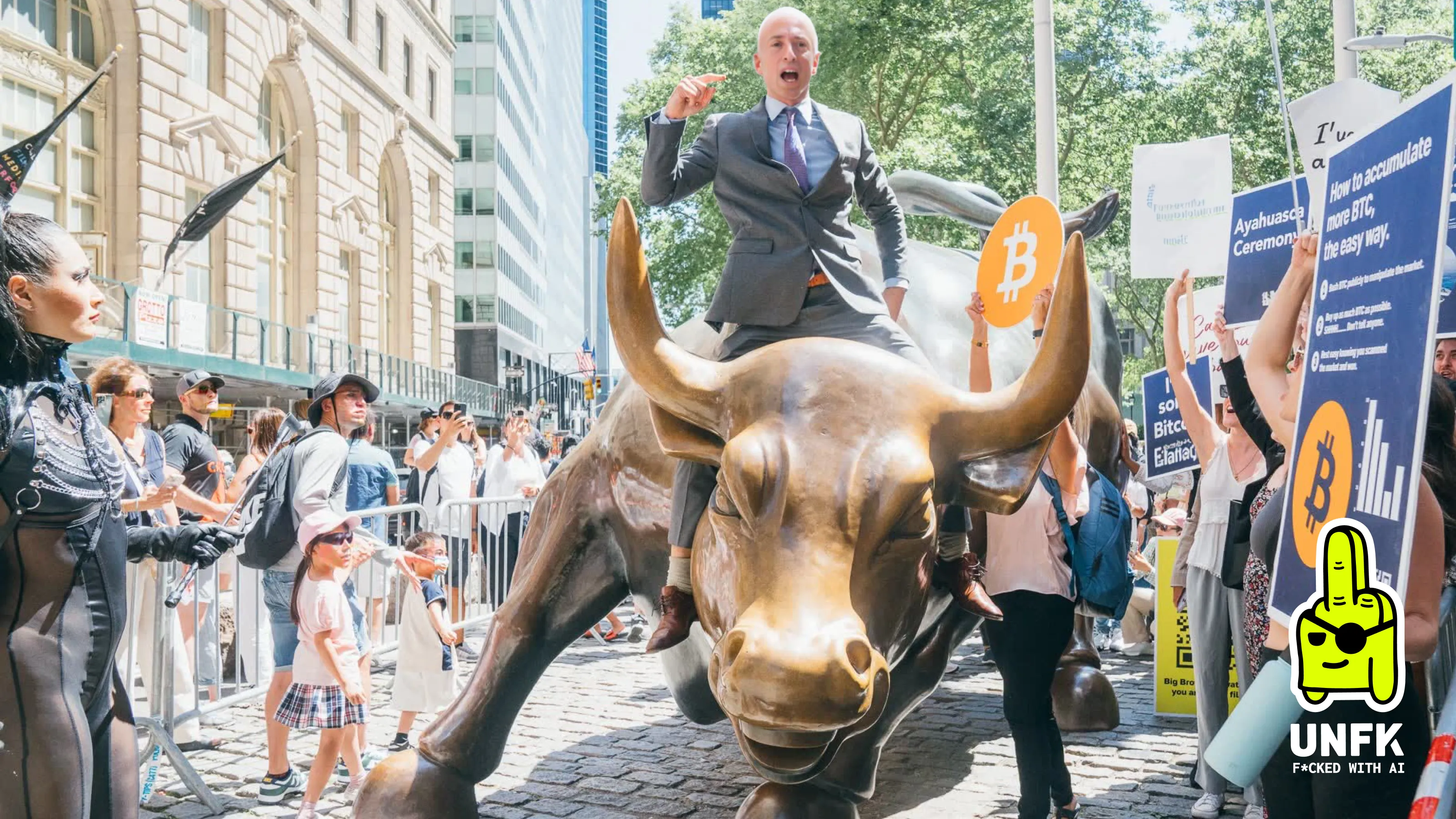 "Gary Gensler" riding the Wall Street Bull while declaring a new era for crypto. Image: UNFK (Image created with AI)
