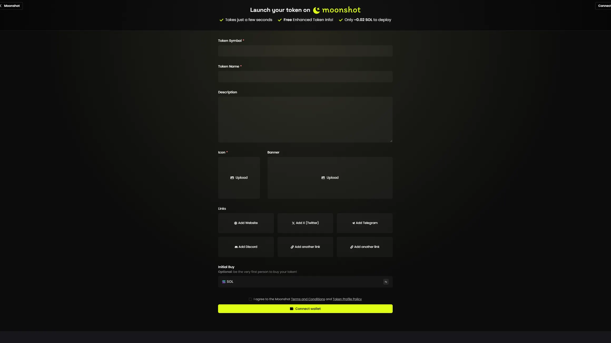 Page to launch a token on Moonshot. Asks for token symbol, token name, description, icon, banner, social media links, and an optional initial buy.