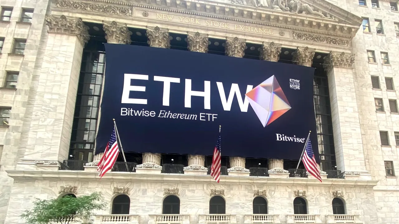 An ETH ETF banner hangs on The New York Stock Exchange on Friday. Photo: Sander Lutz for Decrypt