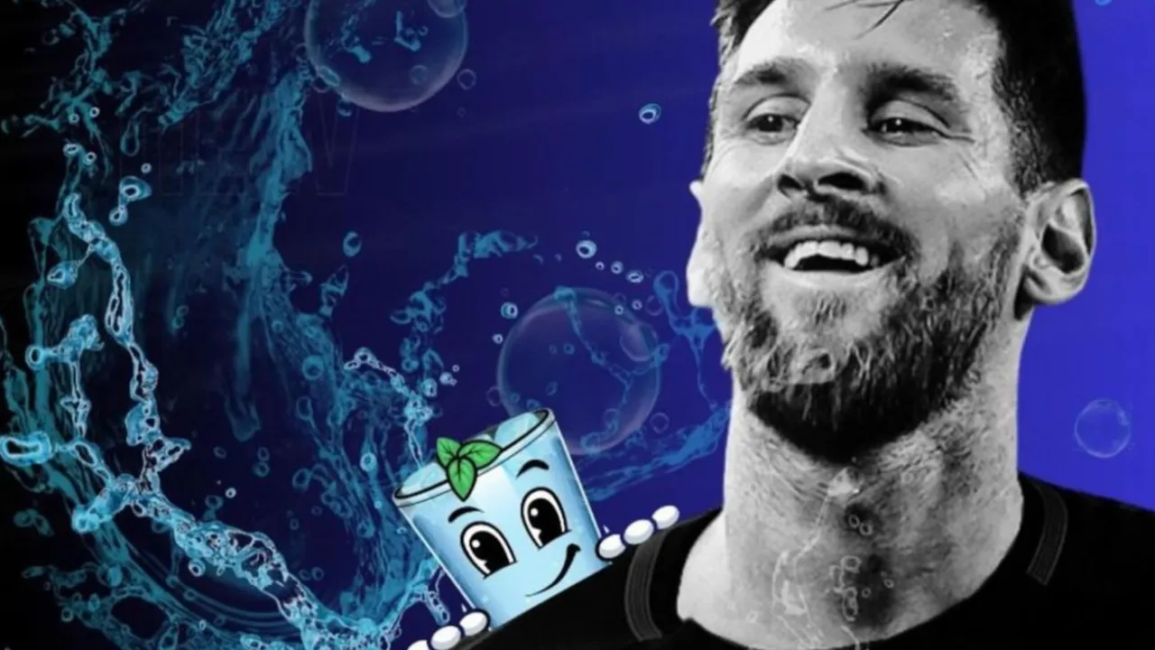 Lionel Messi and the WATER mascot (cropped). Image: Messi's Instagram