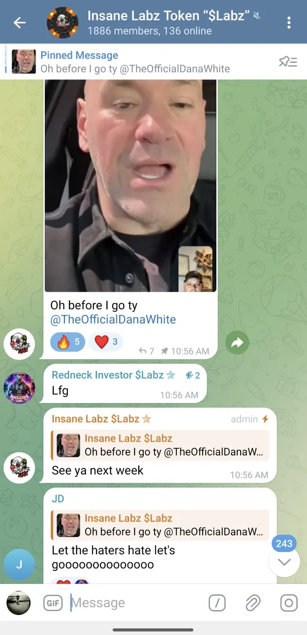 Captura de pantalla de Telegram mostrando una videollamada con Dana White.