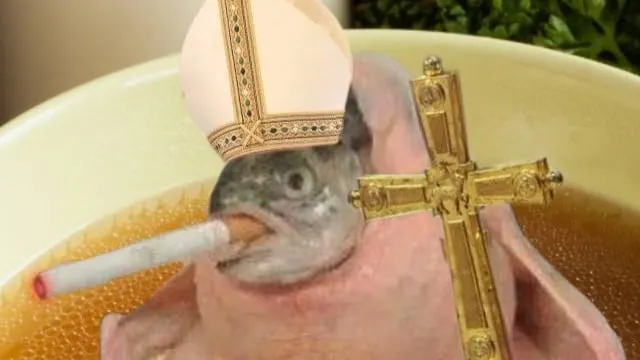 A raw chicken with a fish head in it holding a cigarette in its mouth wearing religious clothing while in a bowl of broth.