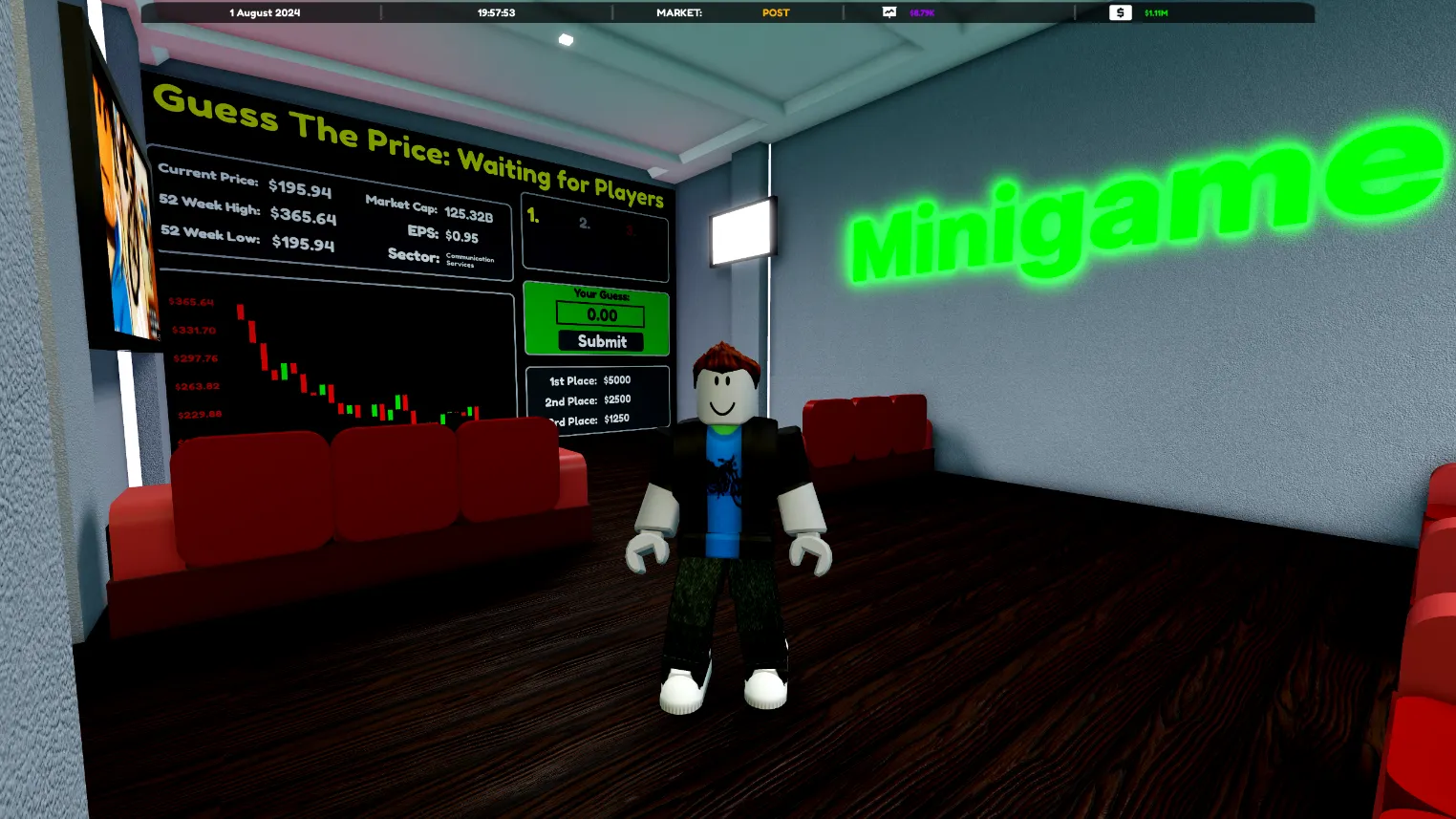 Roblox character stands in front of Guess The Price mini game.