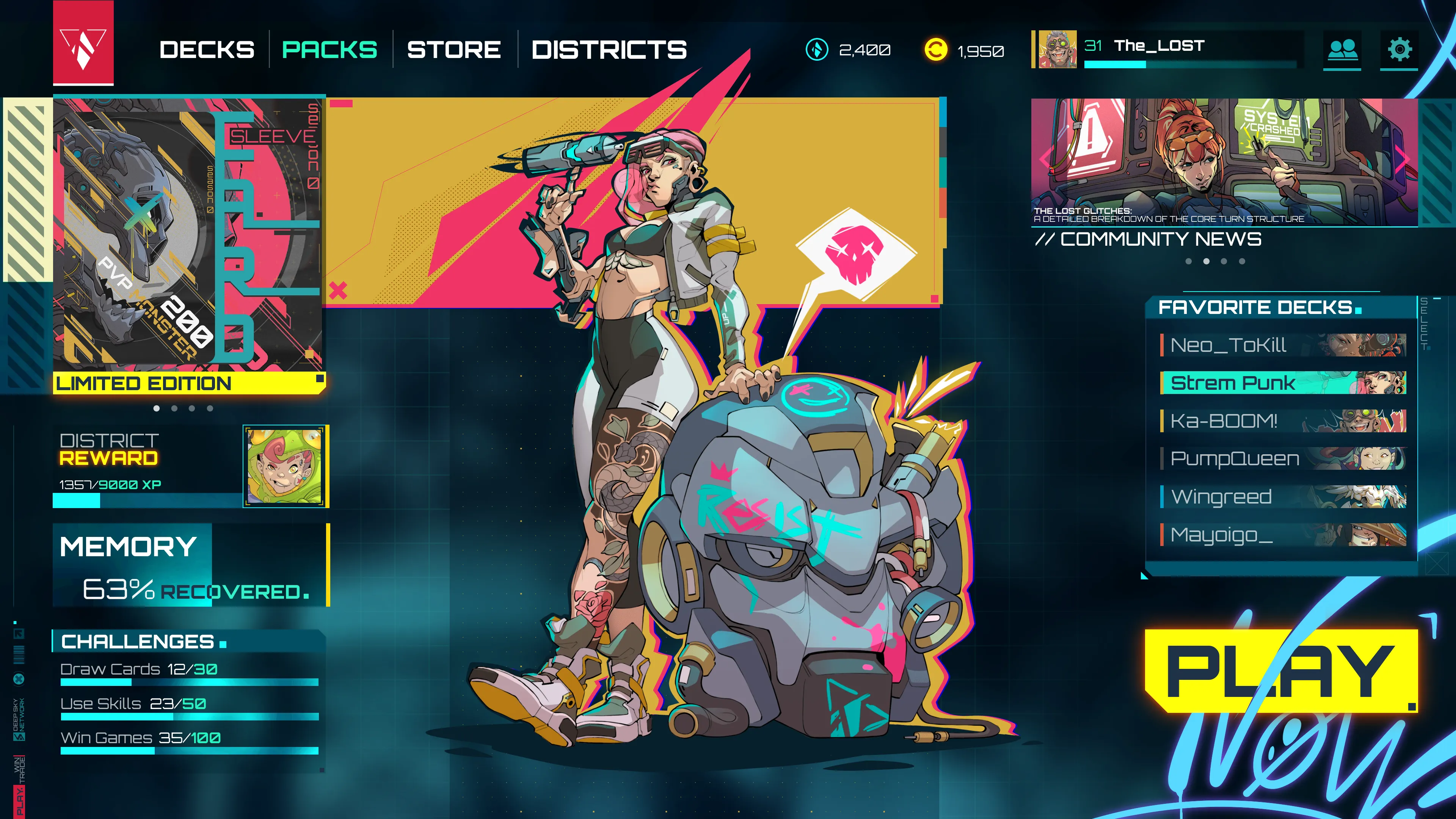 Take a look at the menu of The Lost Glitches. On the left side you will see the challenge progress. On the right side you will see your favorite decks and a PLAY NOW button.