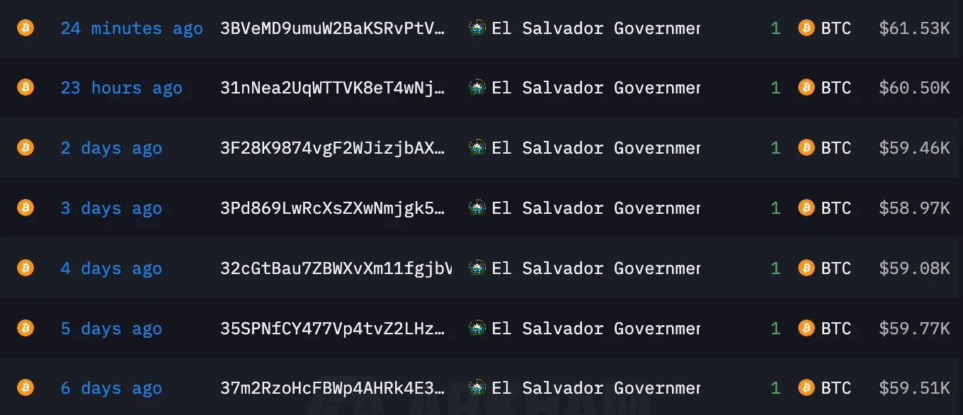 Recent Bitcoin purchases from El Salvador. Image: Arkham Intelligence