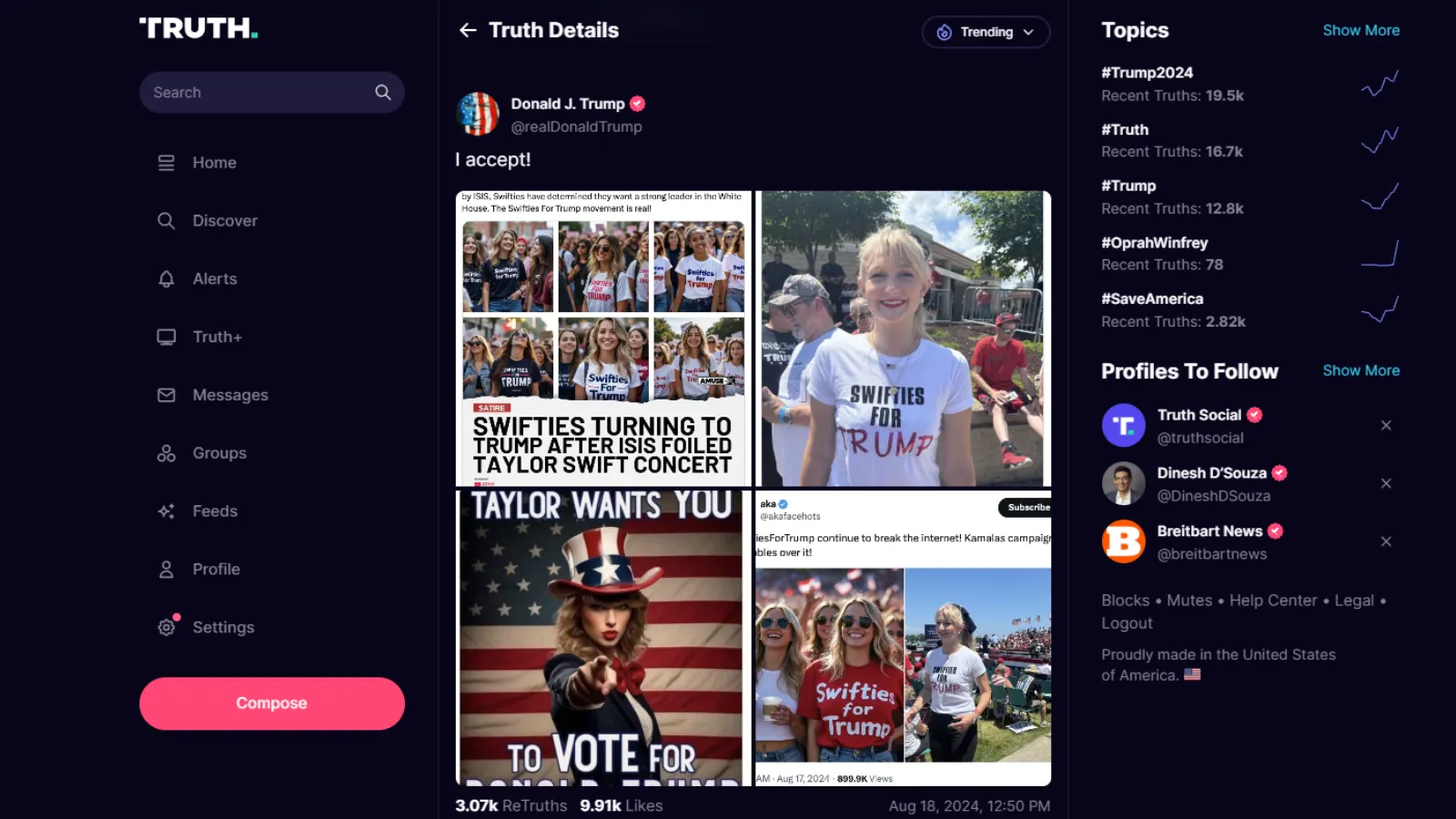 Deepfaked images of "Swifties for Trump" and Taylor Swift, shared by Donald Trump