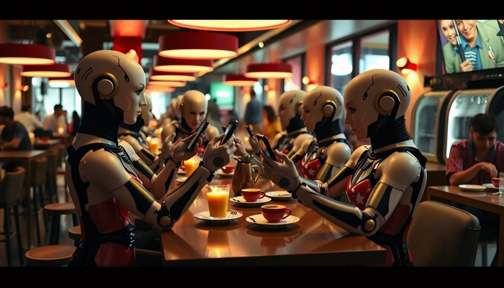 Imagen generada por IA de un grupo de cíborgs navegando por las redes sociales en un café futurista