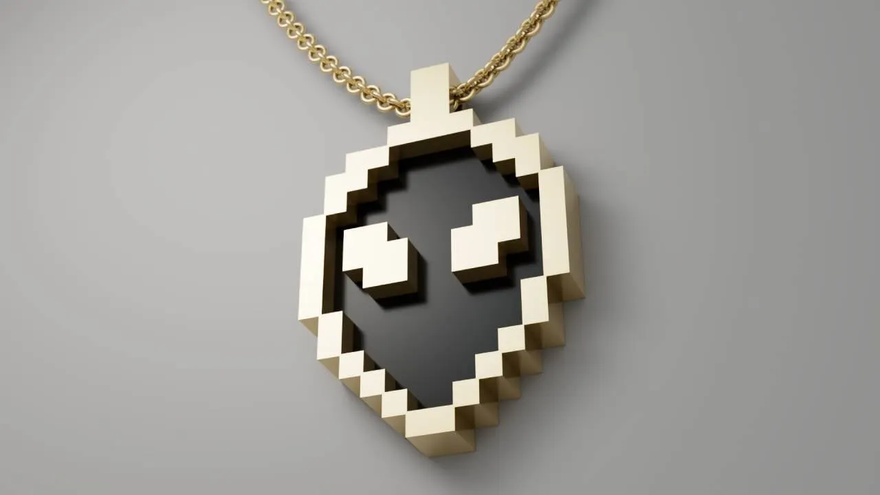 A gold pixel art necklace depicting an alien face.