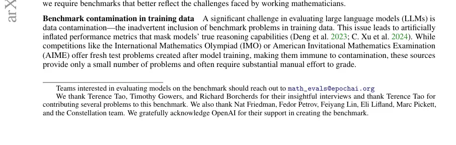 screenshot from Epoch AI's research paper recognizing OpenAI's support during the development of their FrontierMath benchmark datasted