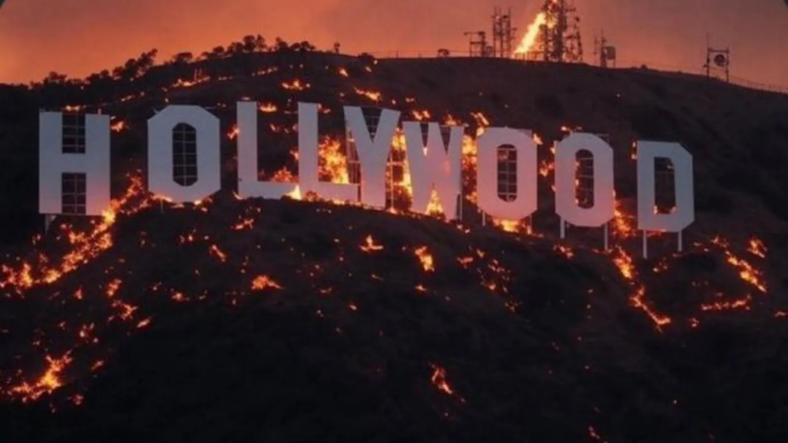 An AI-generated image of the Hollywood Sign surrounded by flames. Image: X