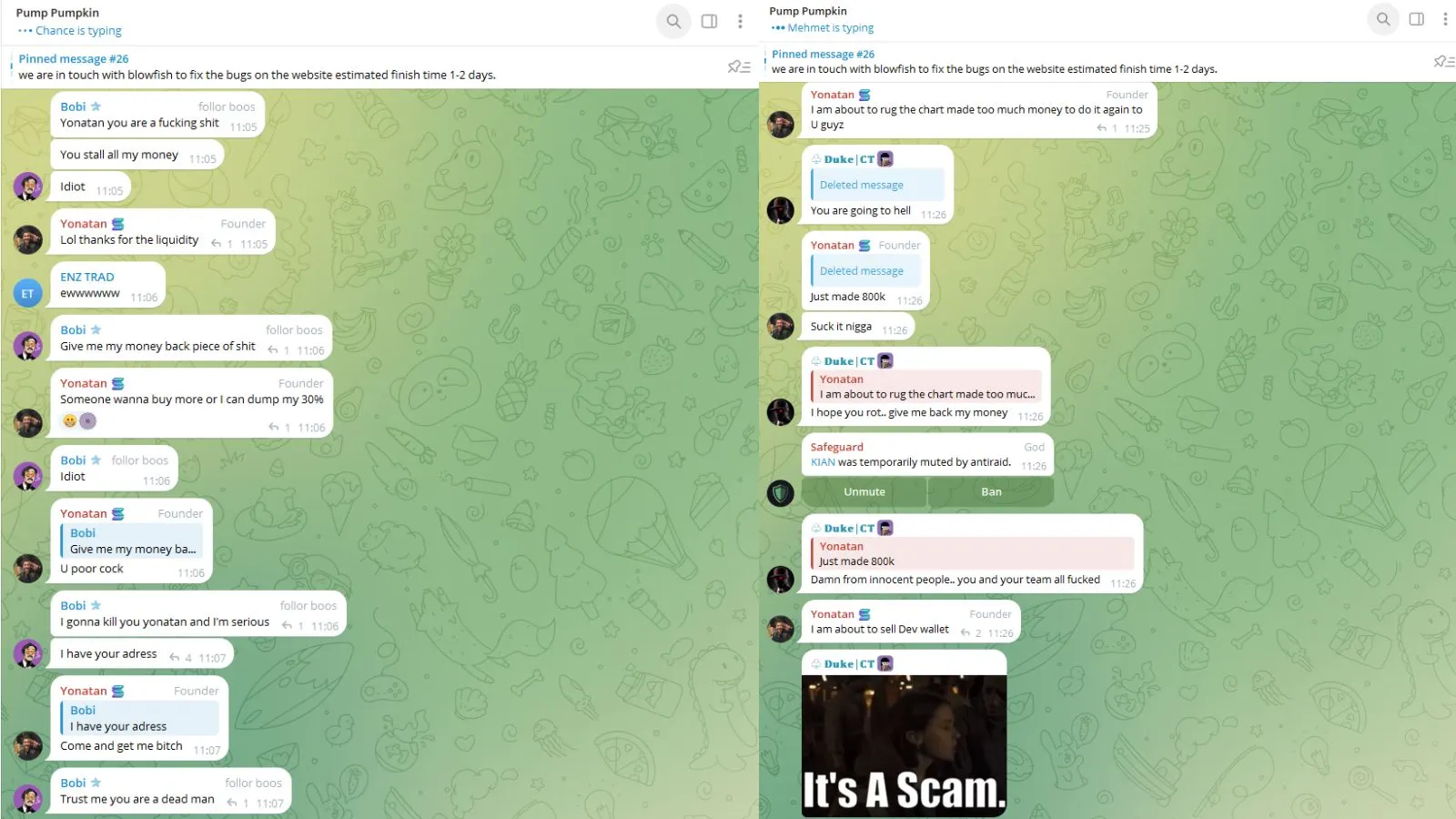 Screenshots of Telegram chat showing Badash calling an investor a "poor cock" and claiming to have made $800,000.