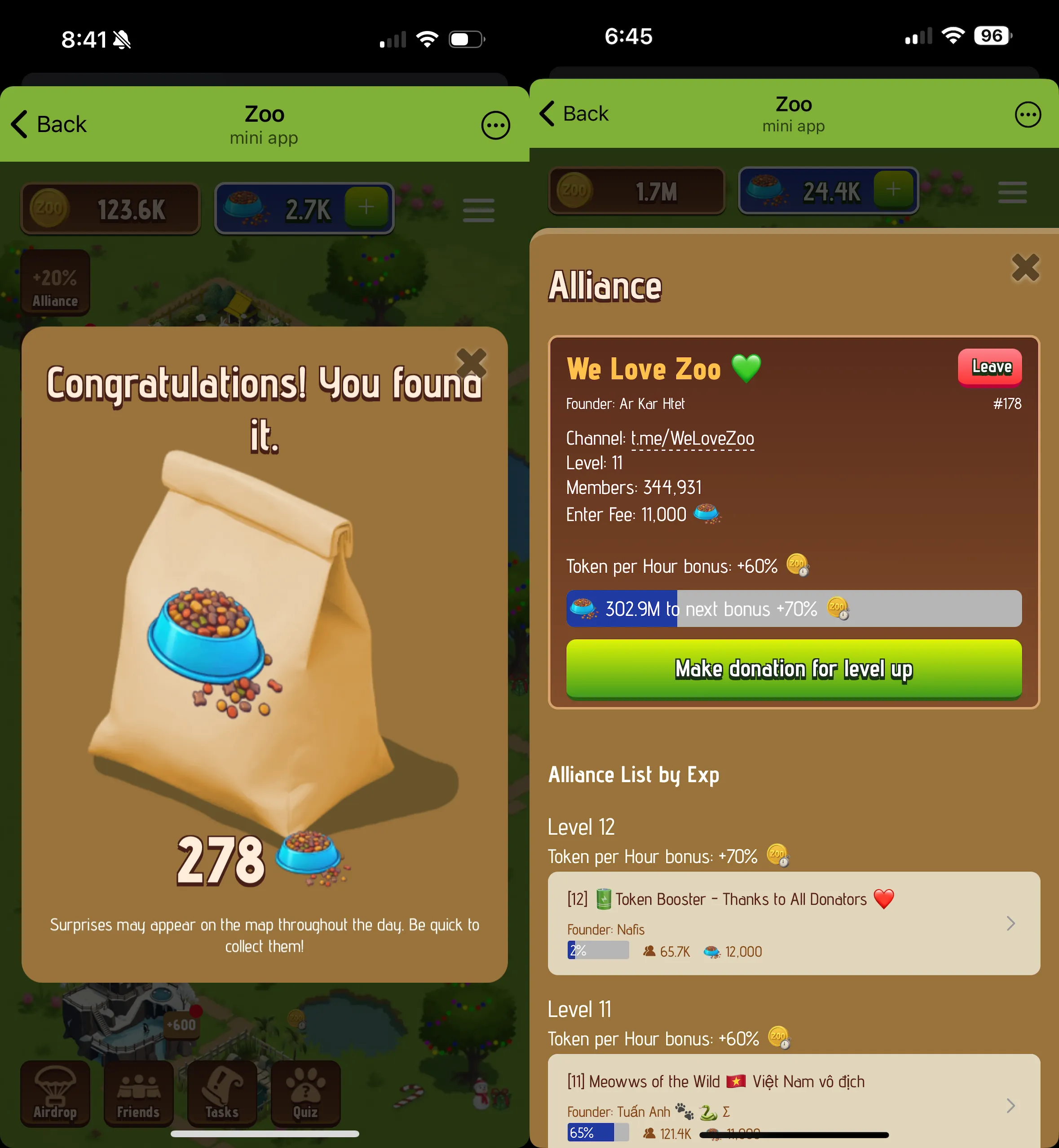 Screenshots from the Telegram game Zoo