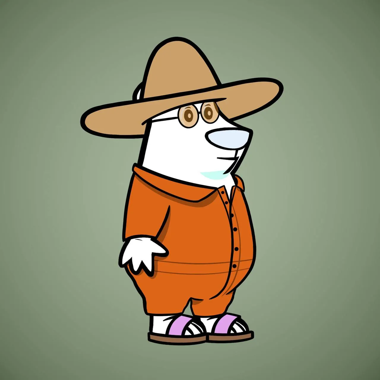 a bear standing with a hat on and orange jump suit