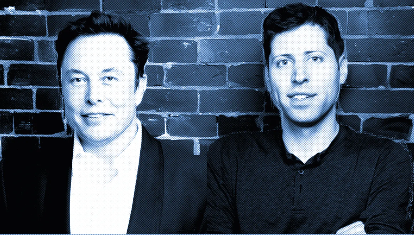 Elon Musk and Sam Altman. Photos: Wikimedia and Sam Altman, edited by Decrypt using AI