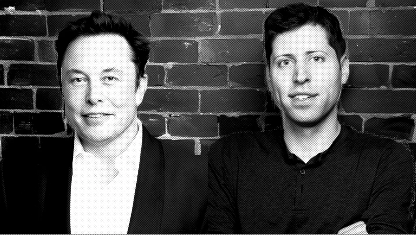 Elon Musk and Sam Altman. Photos: Wikimedia and Sam Altman, edited by Decrypt using AI