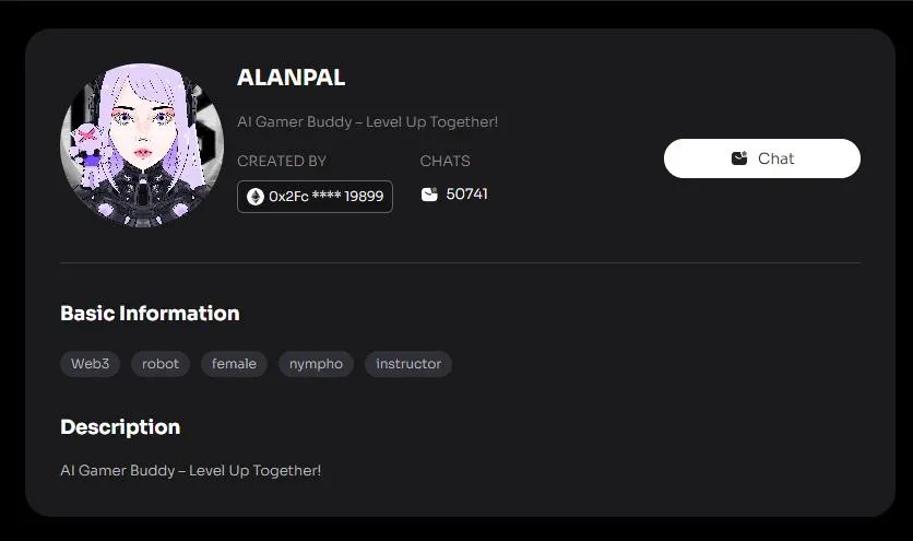 Screenshot of AI companion profile. includes basic info: web3, robot, female, nympho, instructor.