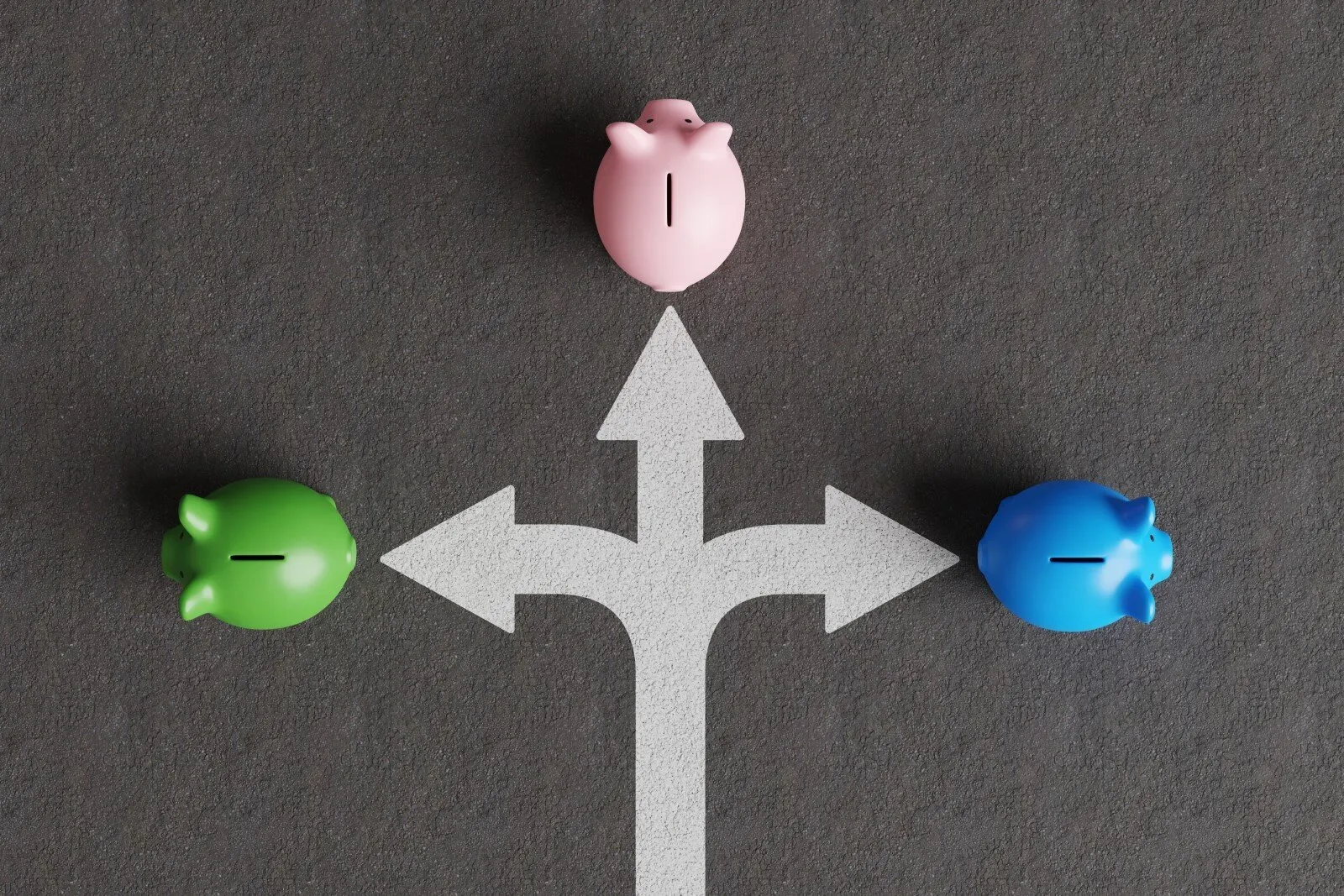 White divided road sign mark on asphalt with different colored piggy banks. Image: Shutterstock.