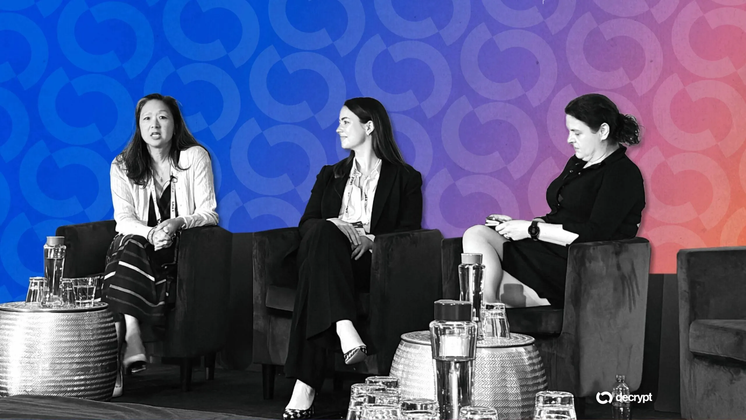 (L-R) Cynthia Lo Bessette, Head of Digital Asset Management, Fidelity Investments,  Catriona Kellas, International Legal Lead – Digital Projects, Franklin Templeton, Eva Szalay, Head of Media Relations, Hokku PR. Image: Decrypt