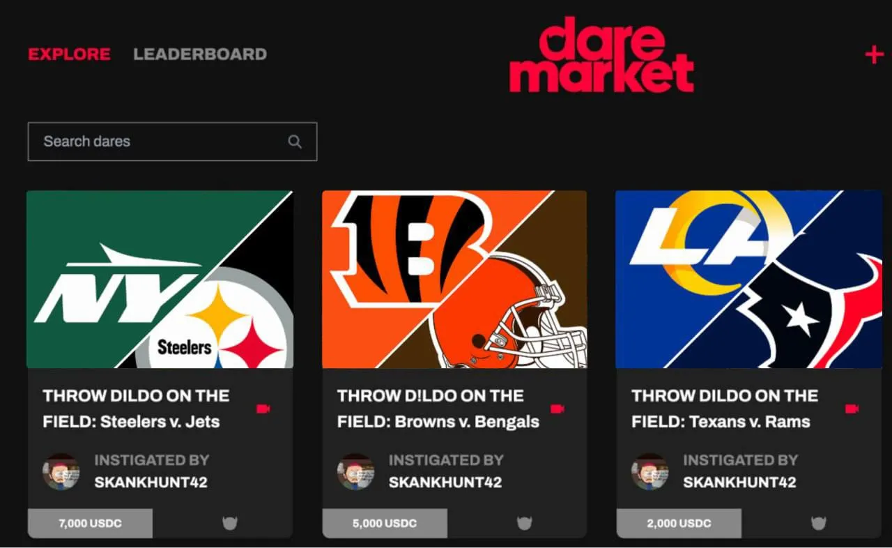 Dare Market screenshot. "Throw dildo on the field: Steelers vs Jets" and more football games.