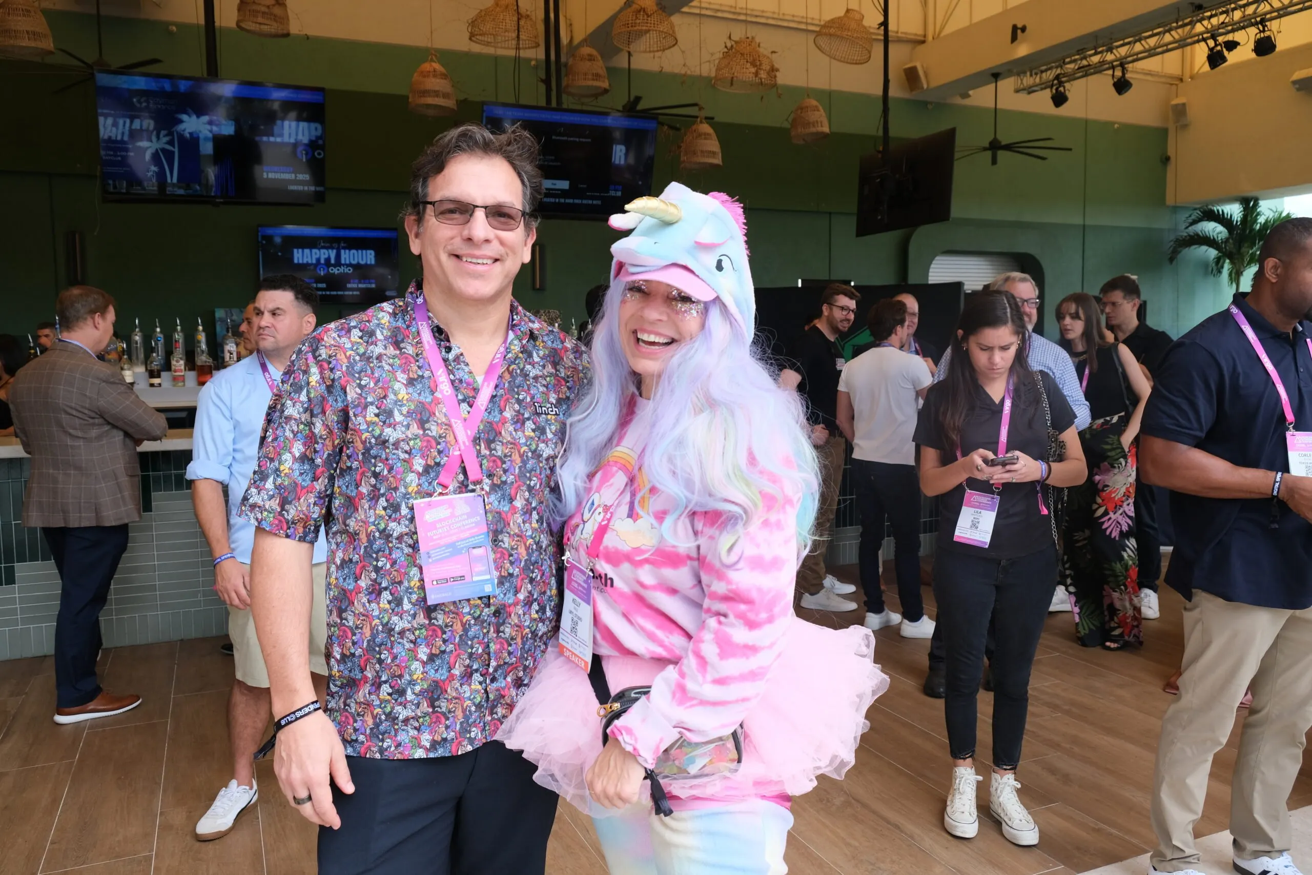 Russell Castagnaro and Kelly Page wore pink to promote Unicorn.eth. Image: Decrypt/André Beganski
